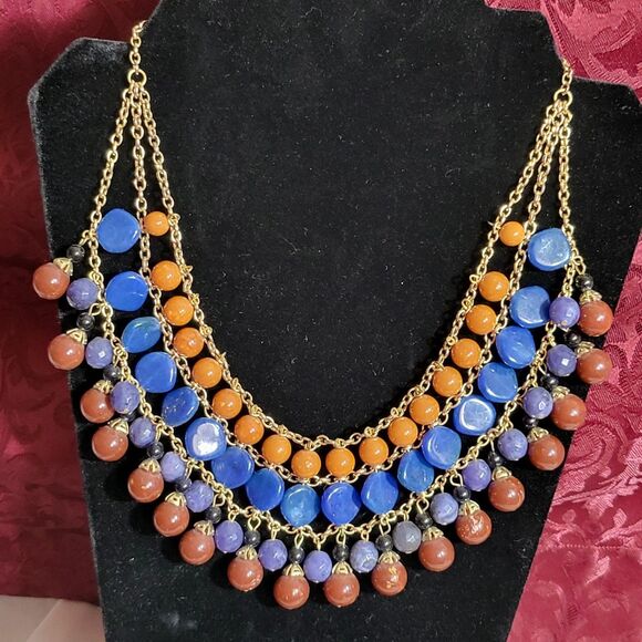 18" Bead, Stone, Chain Breastplate Fringe Necklace w/ 2" Design. - Picture 1 of 4